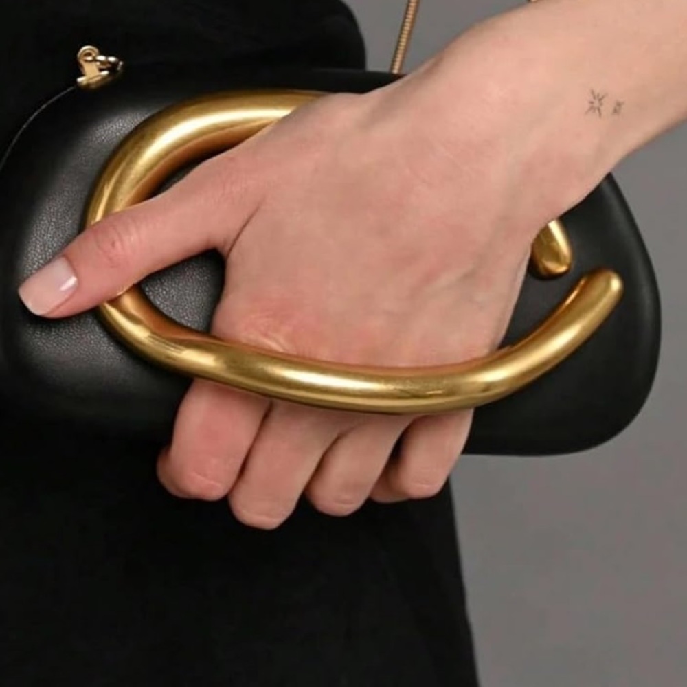✨ Elegant LADIES BLACK  & Gold METAL HANDLE Clutch HANDBAG PURSE *NEW*